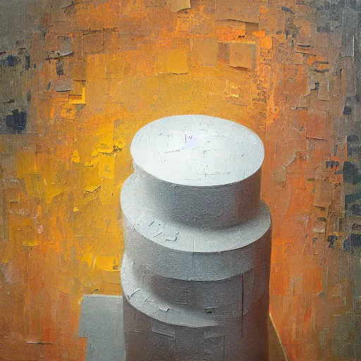 Prompt: a impasto painting by shaun tan of an abstract sculpture by the caretaker