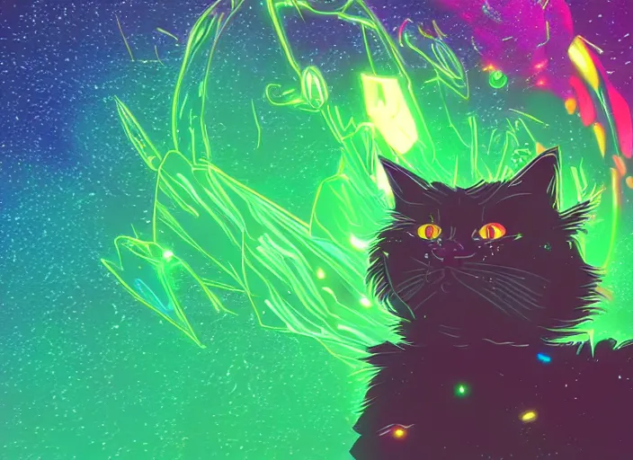 Image similar to coloring book drawing of a cat from a musical sparkly digital space opera, animated film, volumetric lighting, octane render