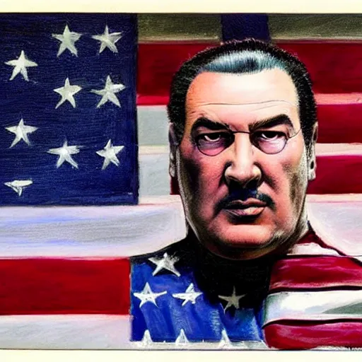 Prompt: sad steven seagal in jail cell, cell bars, cell bars, cell bars, cell bars, cell bars, cell bars, intricate, highly detailed, digital painting, artstation, concept art, smooth, sharp focus, illustration, art by greg rutkowski, patriotic!!!!, american flag, american flag, american flag