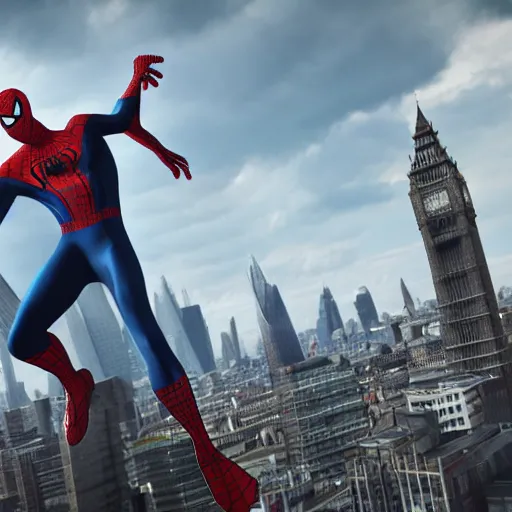 Prompt: spiderman in london, 8 k, cryengine