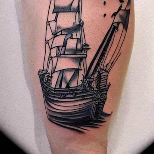 Image similar to a pirate ship sailing in the sea, realism tattoo design, white background, by Matteo Pasqualin tattoo artist