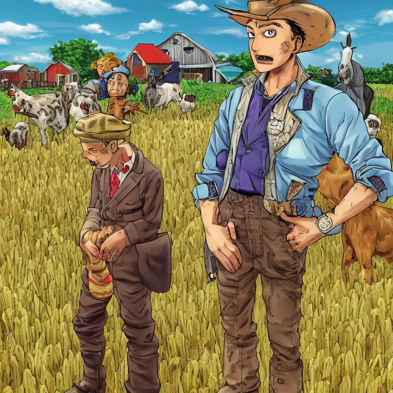 Image similar to realistic old macdonald on his farm in the style of jojo's bizarre adventure, hirohiko araki manga style highly detailed trending on artstation 8 k