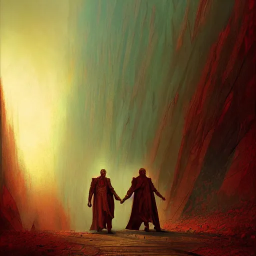 Image similar to Dante Alighieri and the poet Virgil walking through hell by Marc Simonetti