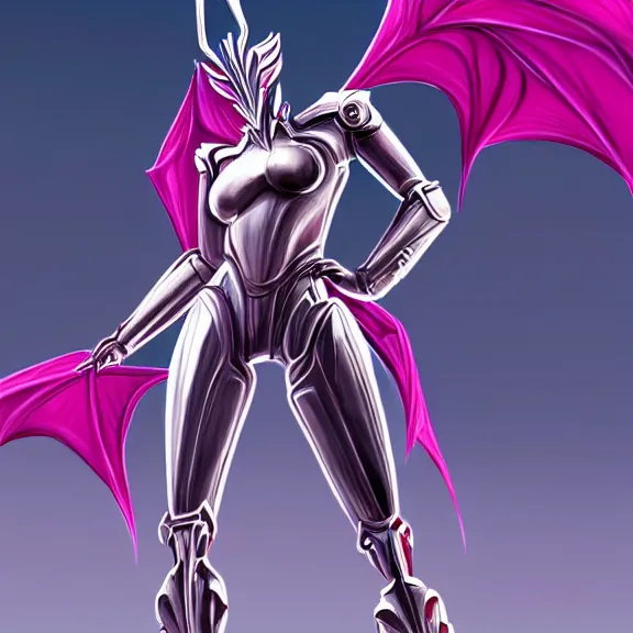 Image similar to extremely detailed giantess shot of a goddess that's a giant beautiful stunning anthropomorphic robot female dragon, standing majestically over mountains, elegant pose, streamlined shiny silver metal armor, fuchsia skin below the armor, sharp metal claws, long elegant tail, detailed warframe fanart, high quality digital art, giantess art, furry art, warframe art, moa legs, Vex Valkyrie legs, furaffinity, DeviantArt, 8k HD, octane render