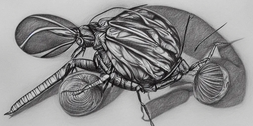 Image similar to pencil drawing of an insect, abstract, surrealism, hyper detail, line art