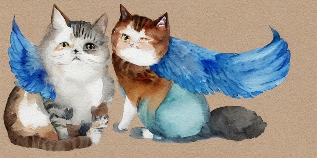 Prompt: watercolor illustration style, cute cats with blue wings, white background