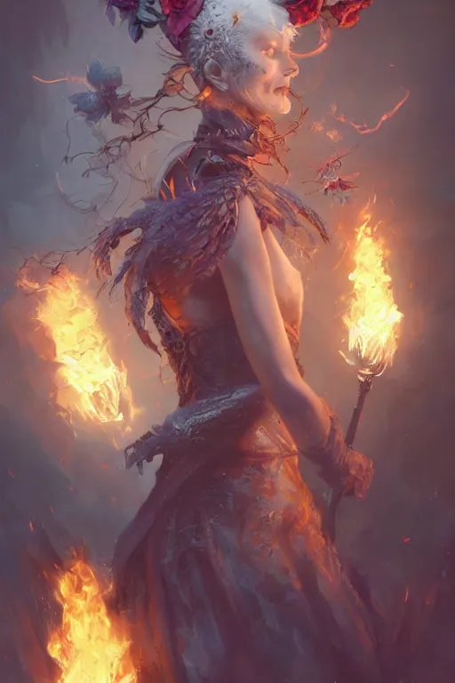 Prompt: beautiful girl necromancer, witch - doctor exploding into flowers, angels, 3 d render, hyper - realistic detailed portrait, holding fire and electricity, ruan jia, wlop. scifi, fantasy, magic the gathering, hyper detailed, octane render, concept art by artgerm, peter mohrbacher