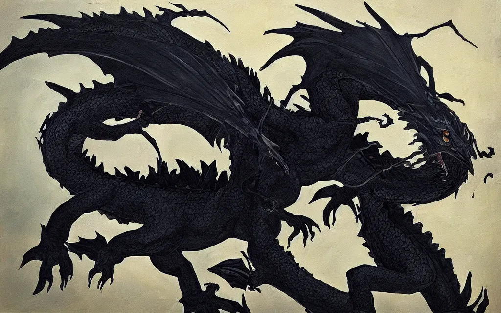 Image similar to “a painting of a singular large black dragon in flight”