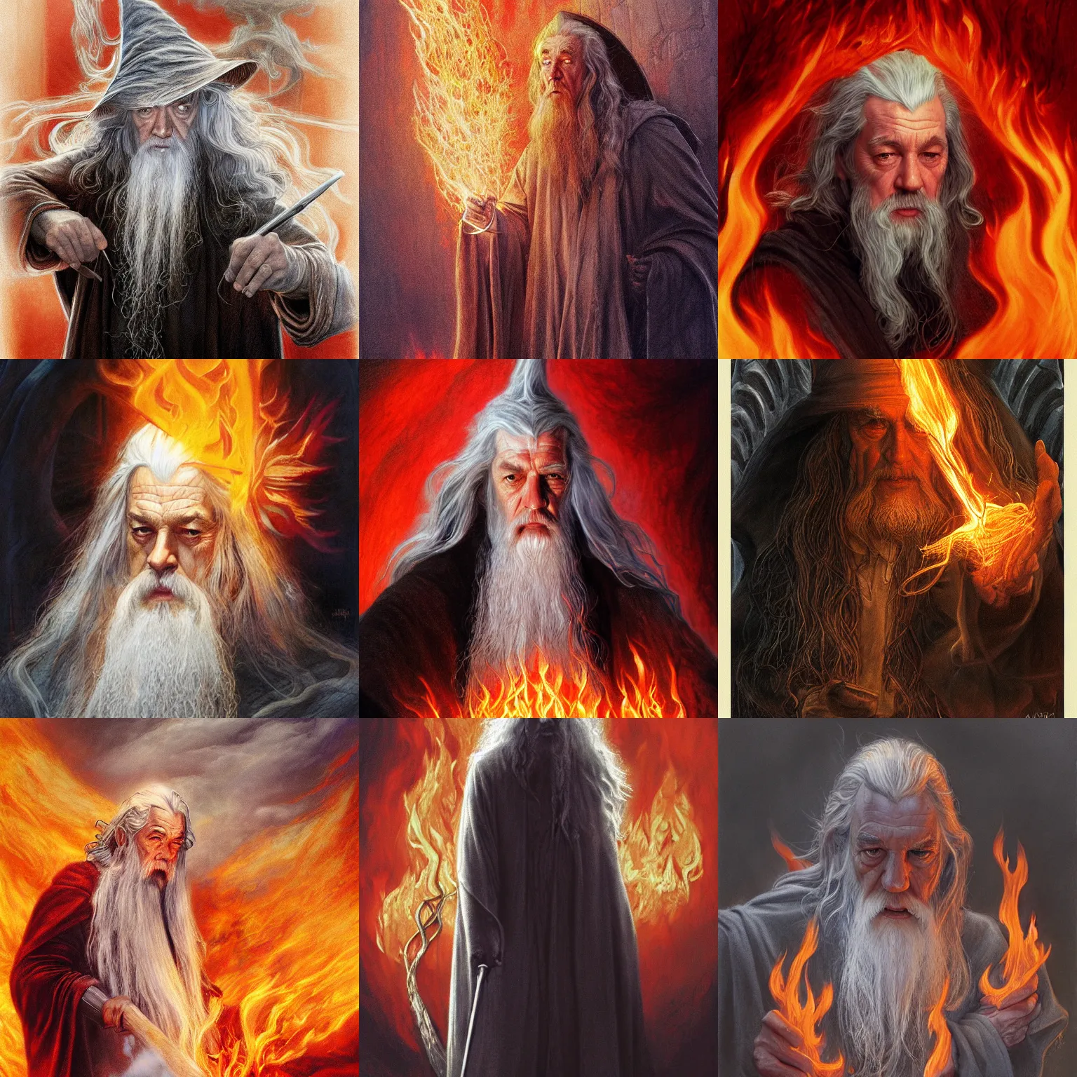 Prompt: gandalf inside the flames by alan lee, intricate, highly detailed flame and shadow, digital painting, artstation