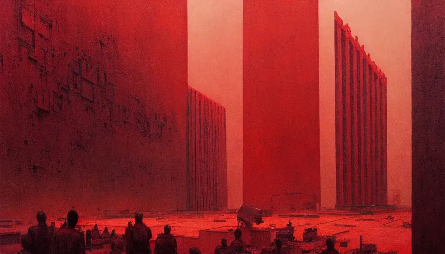 Image similar to only with red, soviet communism horror brutalist architecture apocalyptic, crowd cheering, in the style of beksinski and edward hopper and rodcenko and yue minjun and cory loftis, intricate and epic composition, red by caravaggio, highly detailed, masterpiece, red light, artstation, art nouveau