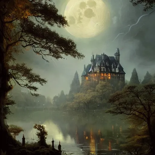 Image similar to a hidden village in the trees, victorian setting, dramatic light, castle background, clouds, moon, storm, night, high detail, fantasy background, painted by greg rutkowski, digital art, trending on artstation