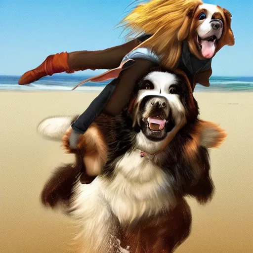 Image similar to girl riding a giant saint Bernard at the beach catching a frisbee, trending on artstation