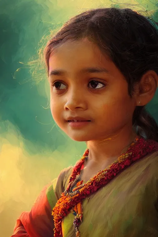 Image similar to hindu little girl, joyful, close - up portrait, intricate, elegant, volumetric lighting, scenery, digital painting, highly detailed, artstation, sharp focus, illustration, concept art, ruan jia, steve mccurry