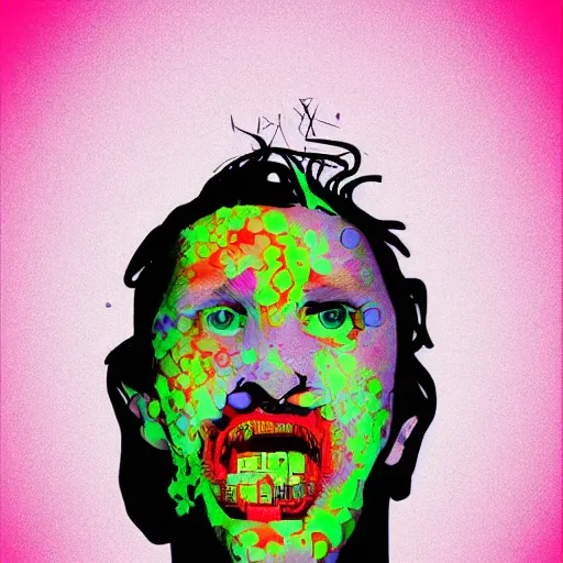 Image similar to man with a tab of acid on his tounge, digital art by mad dog jones