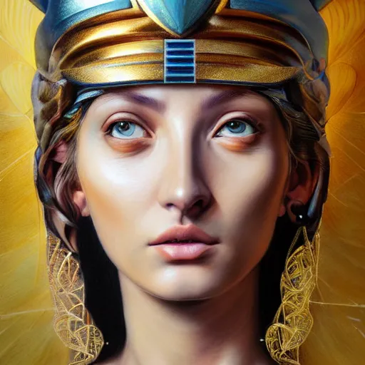 Image similar to hyperrealistic mixed media painting of beautiful goddess Athena, stunning 3d render inspired art by P. Craig Russell and Barry Windsor-Smith, perfect facial symmetry, dim volumetric lighting, 8k octane beautifully detailed render, post-processing, portrait, extremely hyper-detailed, intricate, epic composition, brown eyes, realistic realistic realistic eyes, cinematic lighting, masterpiece, trending on artstation, detailed detailed detailed, masterpiece, stunning