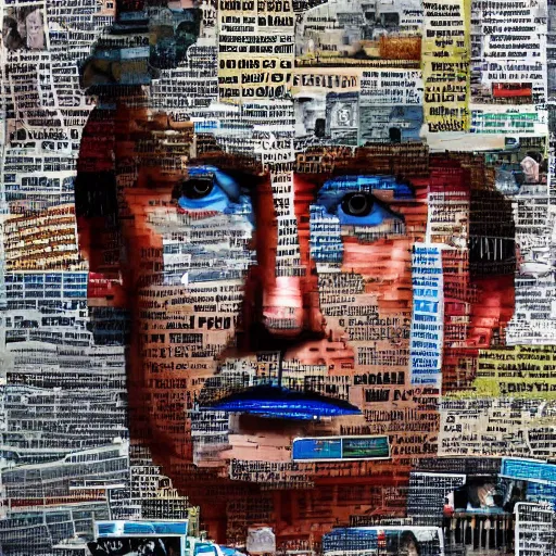 Prompt: a portrait of donald trump constructed from trash, collage, 🗑, trash, drop shadow,, layered composition, layers, texture, mcu, highly textured, layered, sculpted, dynamic,