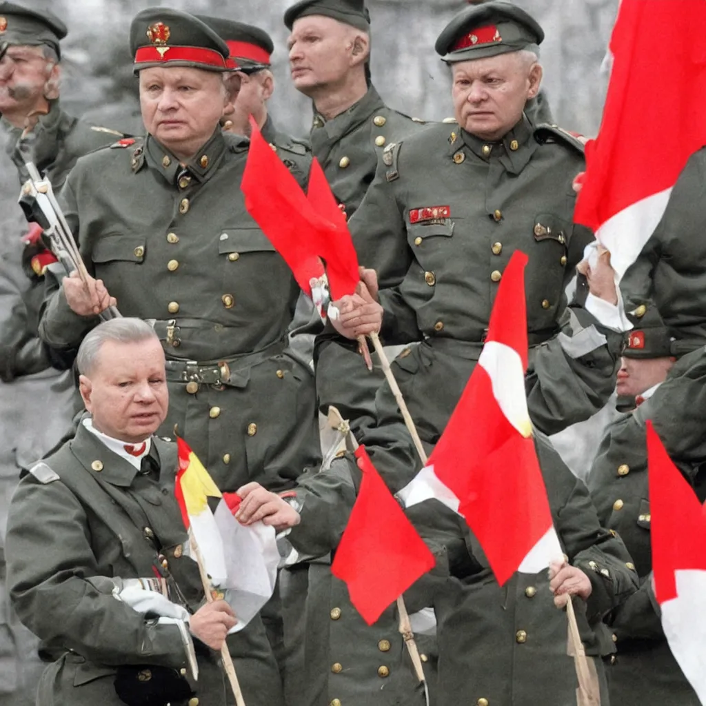 Image similar to Jaroslaw Kaczynski wearing a german uniform with a Polish flag on his left and a communist flag on his right