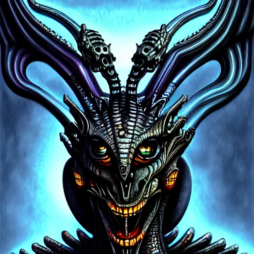 Image similar to Giger portrait of queen dragon, Dragon in dragon lair, HD, full body dragon concept, flying dragon, soft shading, hyperdetailed, wide angle lens, fantasy, futuristic horror, style of giger