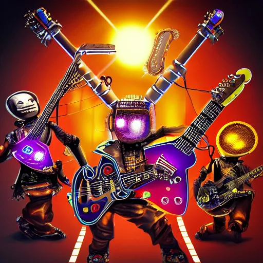 Image similar to album art, bandname is robos rock, rockband with 3 steampunk robots playing guitar and drums, 8 k, flourescent colors, halluzinogenic, multicolored, exaggerated detailed, front shot, 3 d render, octane