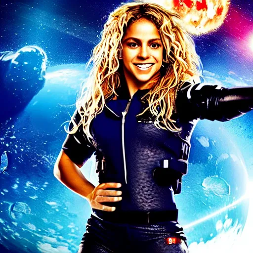 Image similar to of a dynamic movie poster of shakira as a hero sci fi space cosmonaut holding a raygun in a nice action pose, there is an explosion on the background of a space station blowing britney's hair and lighting her with a rim light, she is laughing, f 2. 8, advertising studio lighting,