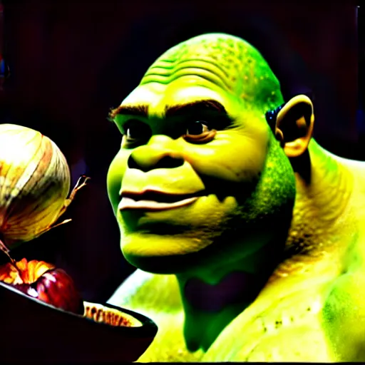 Prompt: a dramatic cinematic shot of shrek eating an onion, 8 k, ultra - realistic