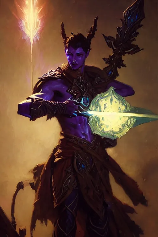 Image similar to void elf with glowing swords dnd, painting by gaston bussiere, craig mullins, greg rutkowski, yoji shinkawa