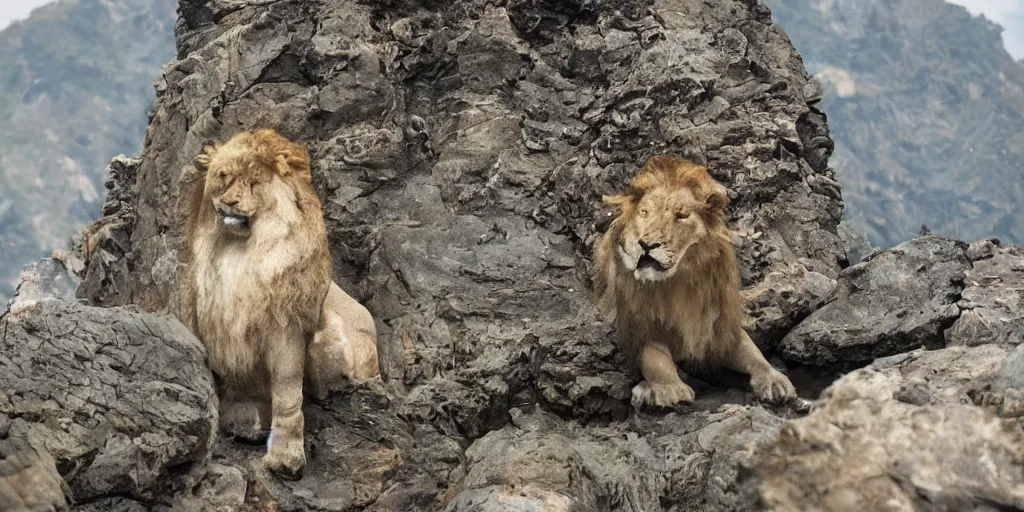 Image similar to hyperrealistic photo of a lion roaring on top of a rock over looking the jungle, 8 k