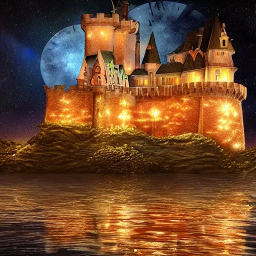 Prompt: a magnificent castle in the night sky above ocean, sense of awe, breathtaking, extremely detailed, concept art