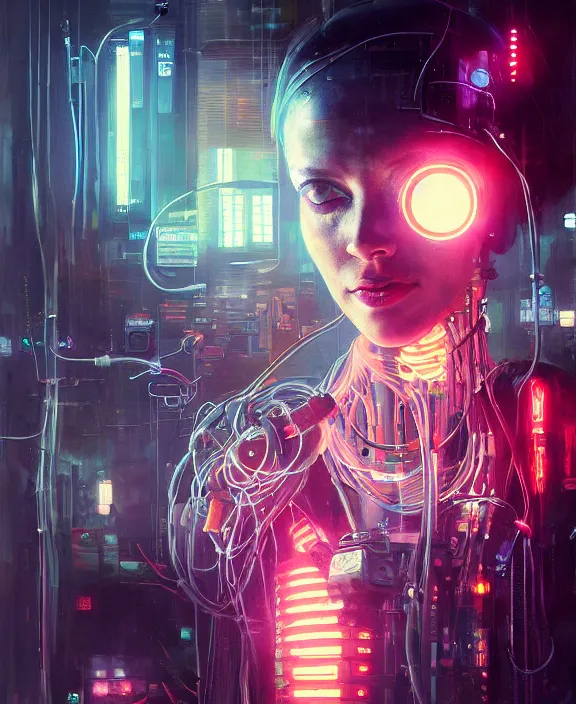 Image similar to portrait of cute robot cyborg woman, many wires and neon lights exposed, glowing eyes, cyberpunk, highly detailed painting by jeremy mann and cd projekt red