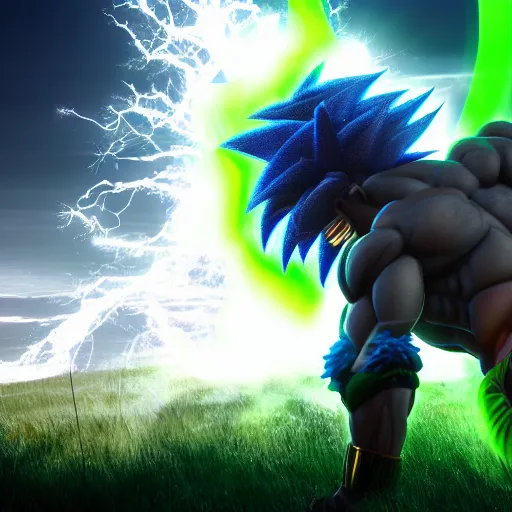 Prompt: photorealistic full shot of Broly at moonlight, lightning bolt, apocalyptic background, by Akira Toriyama, high detail, unreal engine 4k volumetric light, fog,