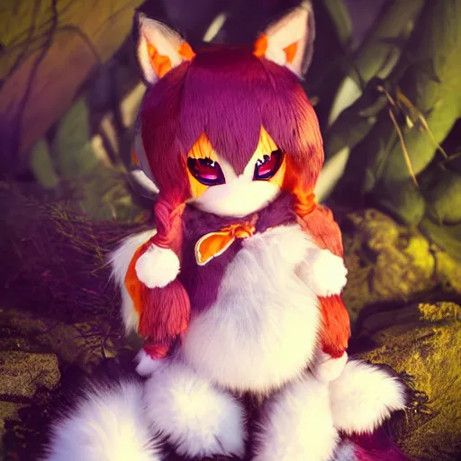 Image similar to cute fumo plush of the fox maiden of the animal shrine, monster girl priestess of the forest, fur simulation, lens flare studio light, vray