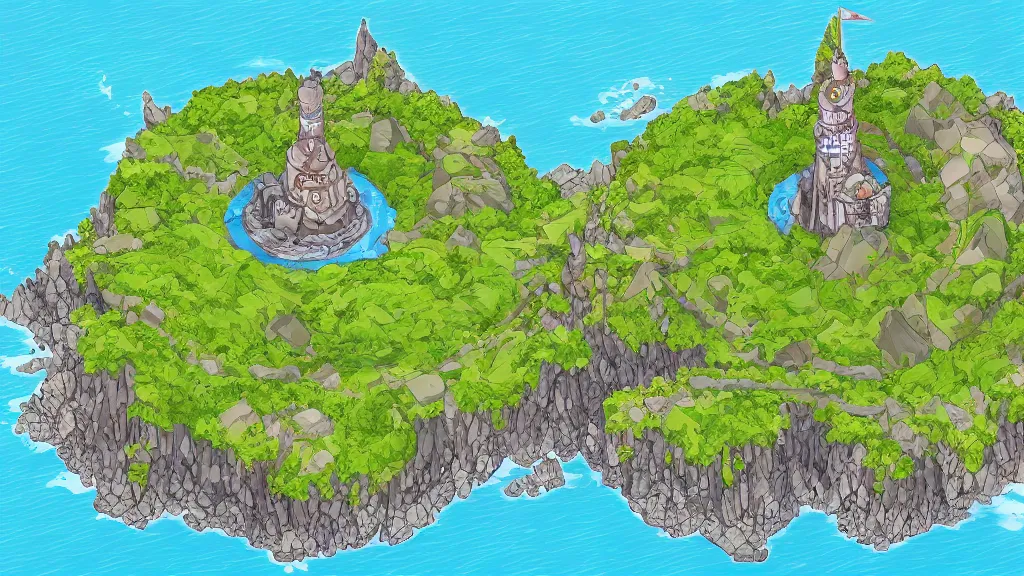 Prompt: Aerial view of an island with a wizard tower in the center an ice cave to the west, a fire cave to the east, a emerald mine to the north and a diamond mine to the south, lineart, colored