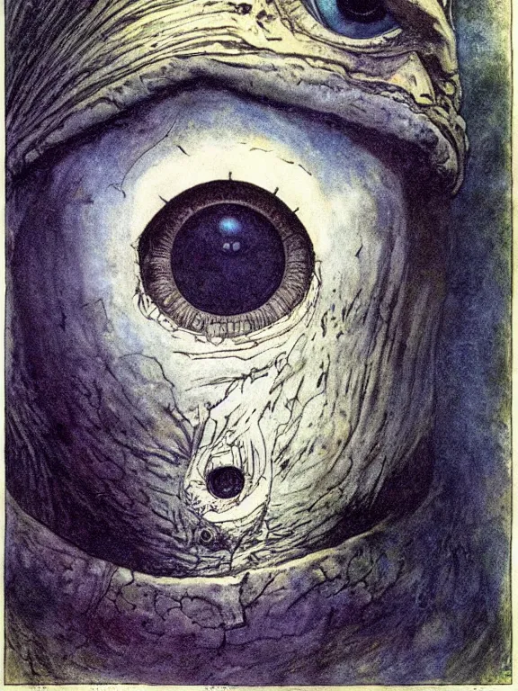 Prompt: one-eyed single-eyed blue-skinned big Cyclops Polyphemus concept art with one huge eye. Extremely high detail, details, realistic, solo, masterpiece, colorful, art by Arthur Rackham, Muzinabu, Johann Tischbein, Zdzisław Beksiński