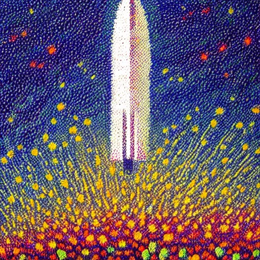 Prompt: spacex starship rocket landing in a field of flowers at sunset, pointillism painting