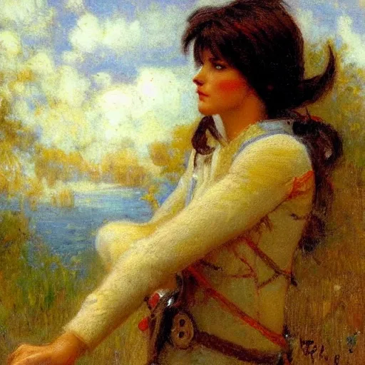 Prompt: intimate Gaston Bussiere portrait of Tracer (Overwatch) in the midst of serene natural scenery