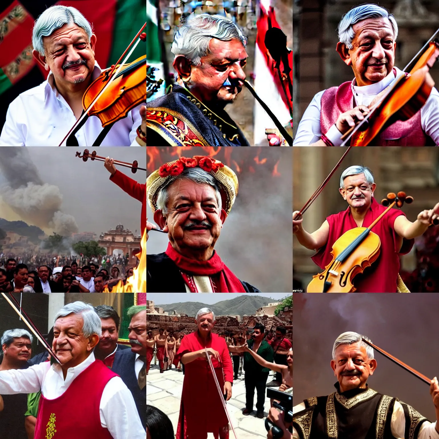 Prompt: amlo dressed as roman emperor nero, playing the violin as mexico burns