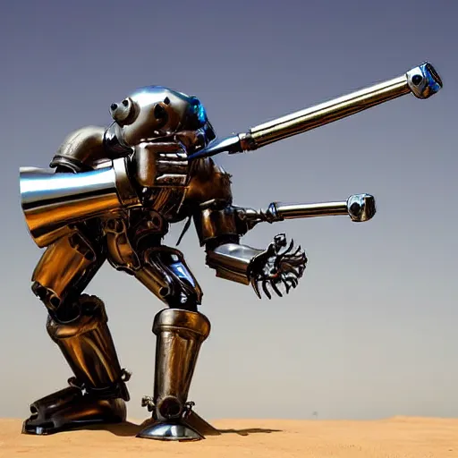 Prompt: Mechanical Angel of Chrome smiting the desert into glass with its heavy weaponry