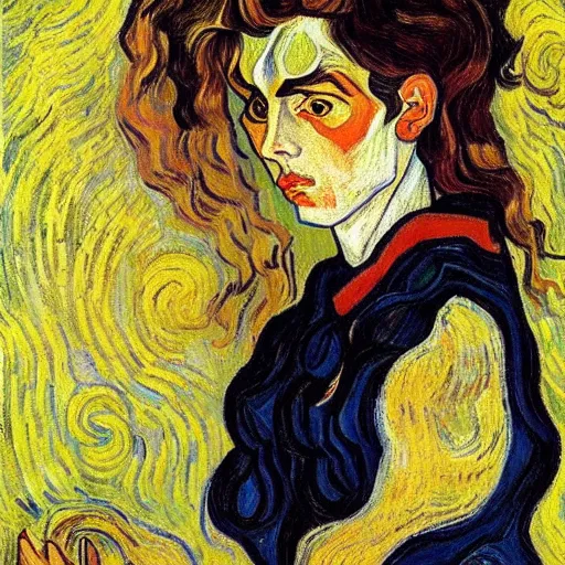 Prompt: painting of handsome beautiful dark medium wavy hair woman in his 2 0 s, dressed as an oracle, foreseeing the future, elegant, clear, painting, stylized, art by vincent van gogh, egon schiele