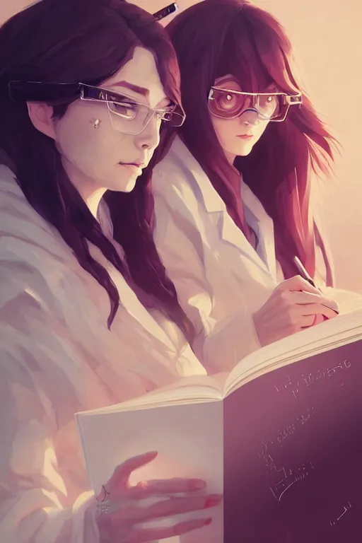 Image similar to portrait of two wise and very beautiful women scientists reviewing some texts, art by guweiz, intricate, elegant, highly detailed, smooth, sharp focus, artstation