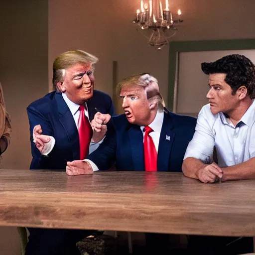 Image similar to a scene from the tv show, the boys, featuring donald trump as homelander.