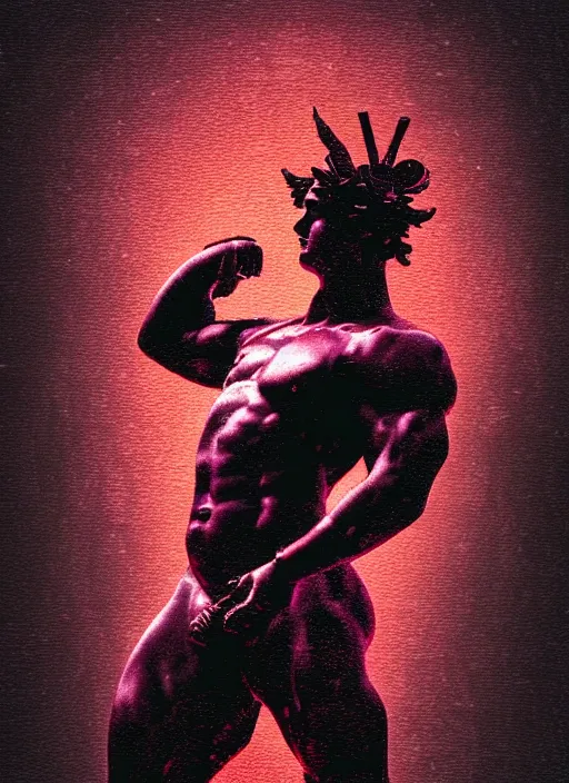 Image similar to black background with subtle red and purple design elements, statue of hercules, nekro, graphic design, collage art, thin lines, dark, glitch art, neo vaporwave, gritty, layout frame, square, trending on artstation