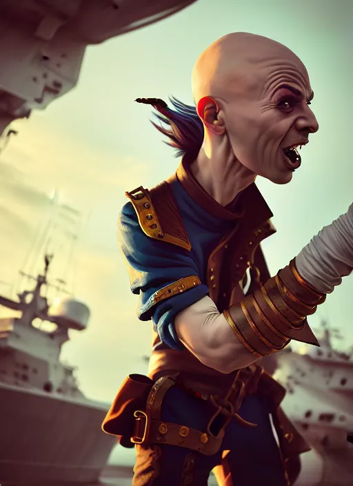 Image similar to An epic fantasy comic book style portrait painting of a skinny white bald sky-pirate with a goofy expression sitting in front of a ship's cannon, unreal 5, DAZ, hyperrealistic, octane render, cosplay, RPG portrait, dynamic lighting