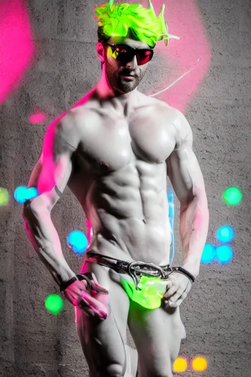 Image similar to full-body rococo and cyberpunk style neon statue of a muscular attractive Jason Baldoni wearing cholo shades macho dotado e rico android sim roupa reclining con las piernas abertas e la piroca dura, ethereal white dripping tar, glowing white lasers, pink tigers, glowing eyes, silver prince crown, black gears, pink diamonds, swirling mint-colored silk fabric. futuristic elements. full-length view. human skulls. large intricate artwork by caravaggio. Trending on artstation, octane render, cinematic lighting from the right, hyper realism, octane render, 8k, depth of field, 3D