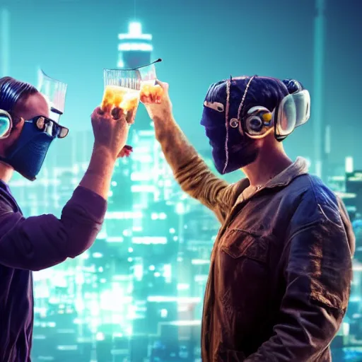 Prompt: two men toast to the end of the world in a cyberpunk city, realistic, high definition, 4K, shimmering color, art of invincible