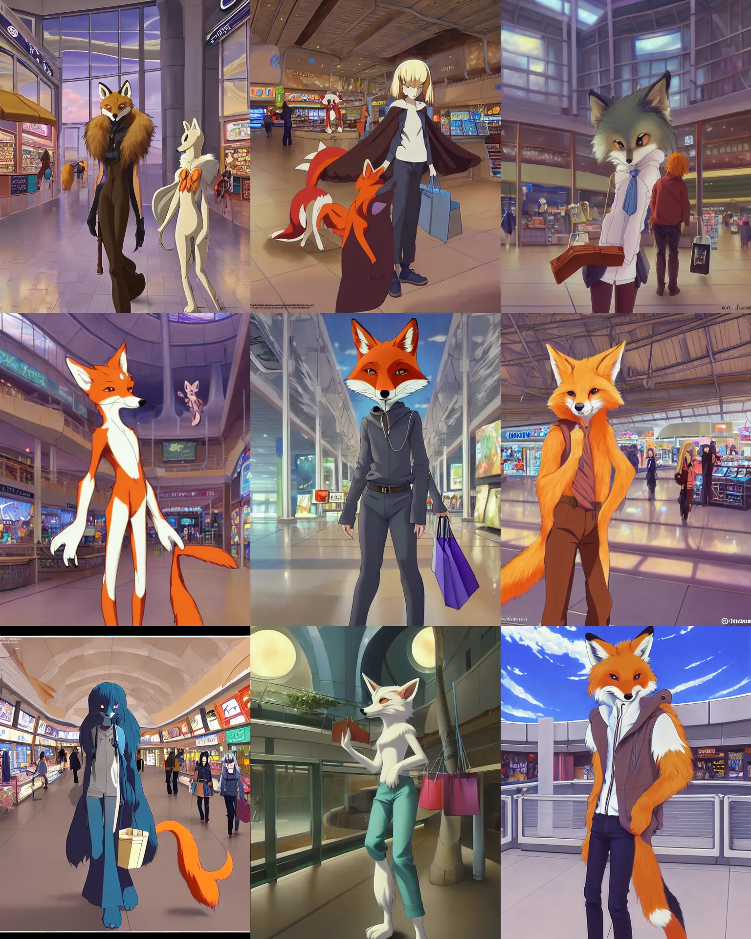 Image similar to anthro art commission of an anthropomorphic natural furry ( ( ( fox ) ) ) person shopping at a futuristic mall, photorealistic, detailed key anime art, makoto shinkai, james gurney, don bluth!!, disney!!, hibbary!!, dark natasha, goldenwolf, furaffinity, fursona, greg rutkowski