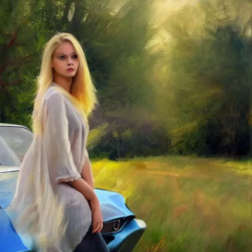 Image similar to blonde woman, green 1967 Ford Mustang, Swedish countryside, freedom, dawn, beautiful blonde woman, atmospheric, painting by Vladimir Volegov