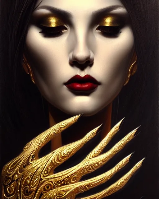 Image similar to portrait of a beautiful goddess, enigmatic beauty, dominant shades of black, gold, silver, dark red, white, head in focus, fantasy art, ornamental aesthetics, intricate, elegant, highly detailed, hyperrealistic painting, artstation, concept art, painterly, sharp focus, illustration, art by karol bak