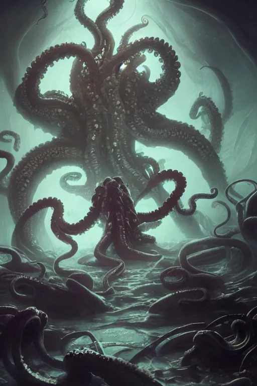 Image similar to a man losing his mind, tentacles, lovecraft, madness, lovecraftian, underworld, insanity, 8 k, digital art, magic the gathering, mtg, by greg rutkowski, trending on artstation