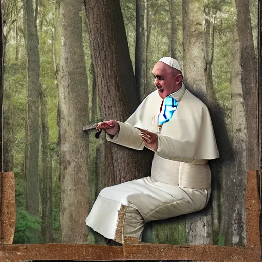 Prompt: the pope squatting on a toilet in the forest, paper collage by kurt schwitters