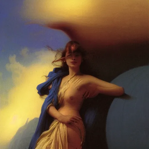 Image similar to a young woman's face, her hair is chrome and she wears an cobalt blue satin cloak, by ivan aivazovsky and syd mead and moebius and gaston bussiere and roger dean and pieter claesz and paul delaroche and alma tadema and aelbert cuyp and willem claesz, hyperrealistic, volumetric light, octane render